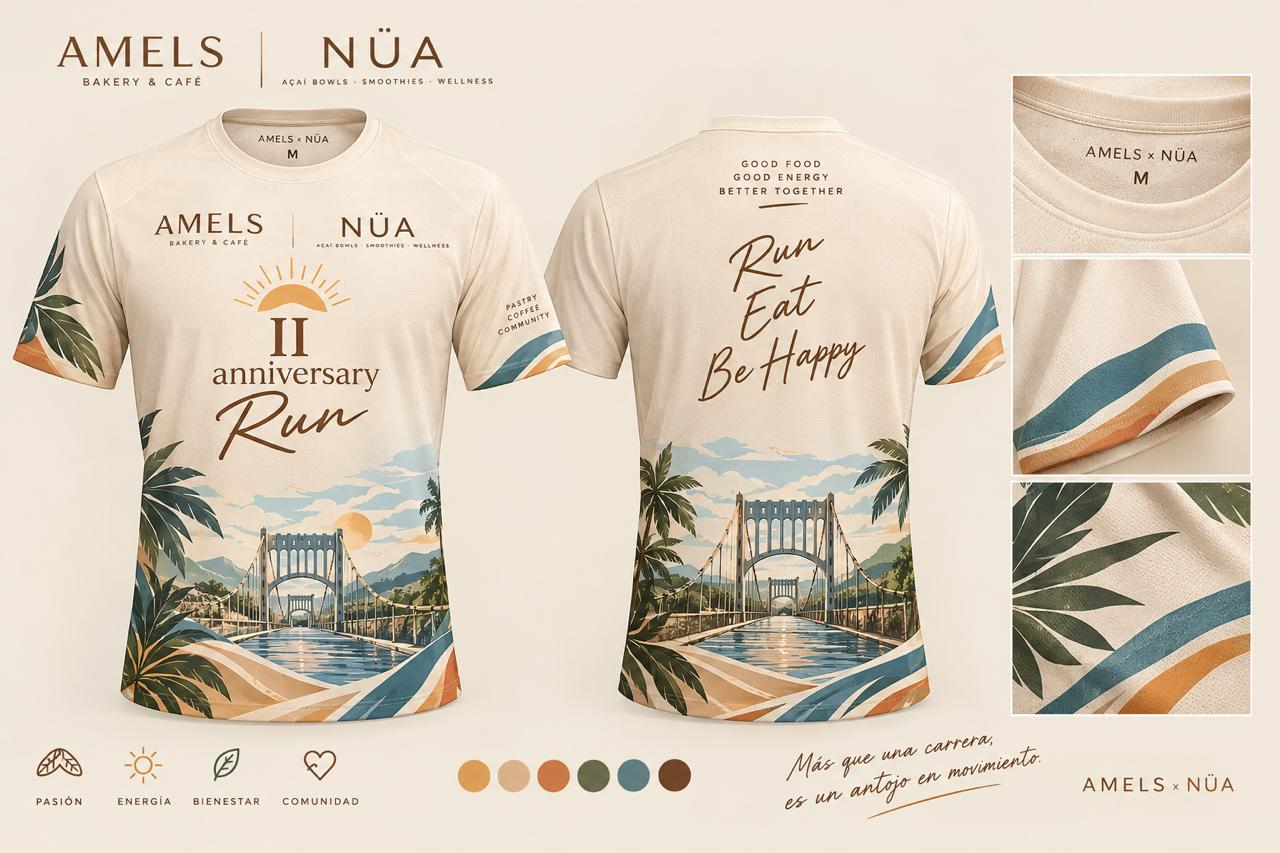 Diseño original de la camisa Amels × NÜA: frente, espalda y detalles