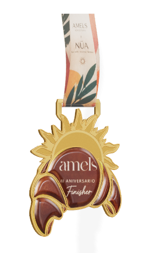 Medalla Finisher: sol dorado, croissant cacao y cinta botánica